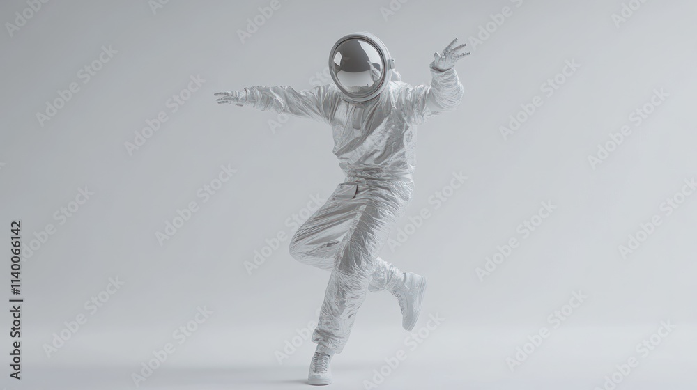 Leinwandbilder A figure in a reflective spacesuit striking a dynamic pose against a minimalist background.