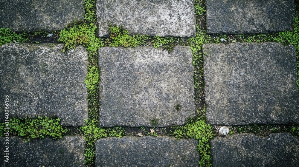 Poster Textured cobblestone surface with overgrown moss detailing in an outdoor setting suitable for backgrounds or design projects.