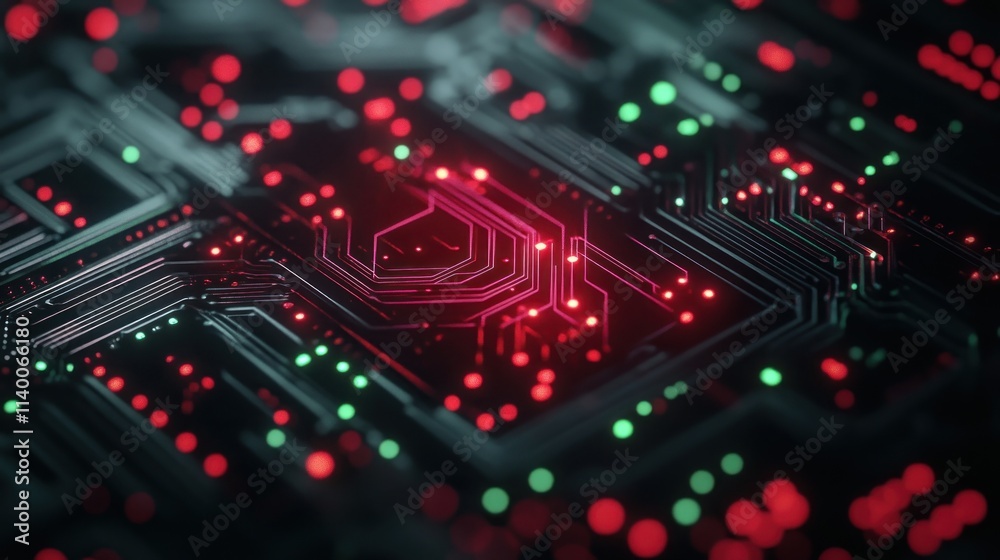 Aufkleber Abstract representation of a circuit board with glowing red and green lights.