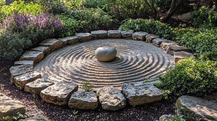 Peaceful Zen Garden with Raked Sand and Centered Stone Symbolizing Mindfulness and Contemplation