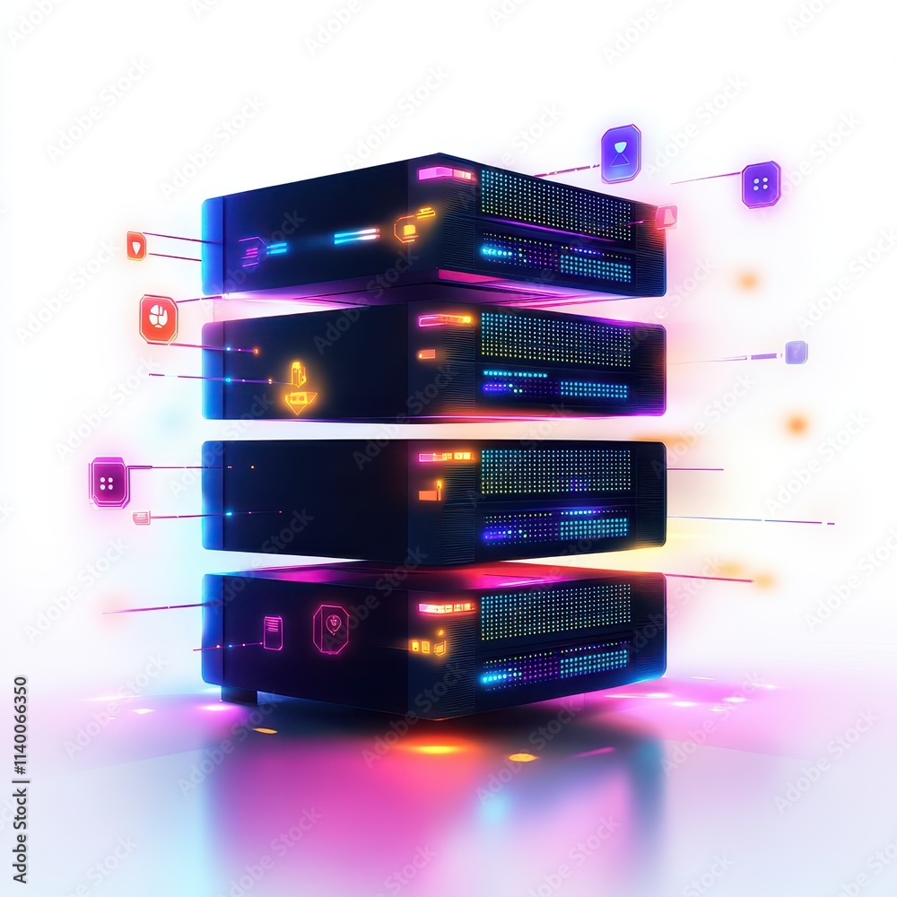 Poster futuristic data center technology with vibrant led lights and digital icons