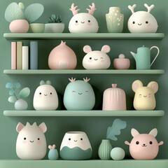 Adorable Woodland Animal Lamps   Decor on Green Shelves