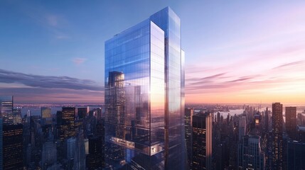 Modern glass skyscraper at sunset, city skyline view.