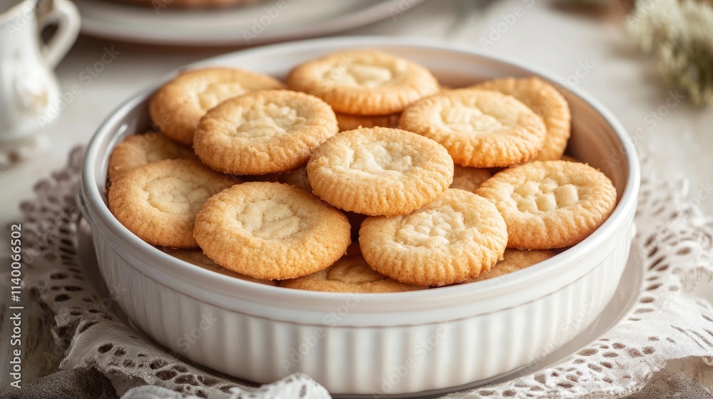 Poster freshly baked cookies piled in a decorative white dish on a rustic table setting