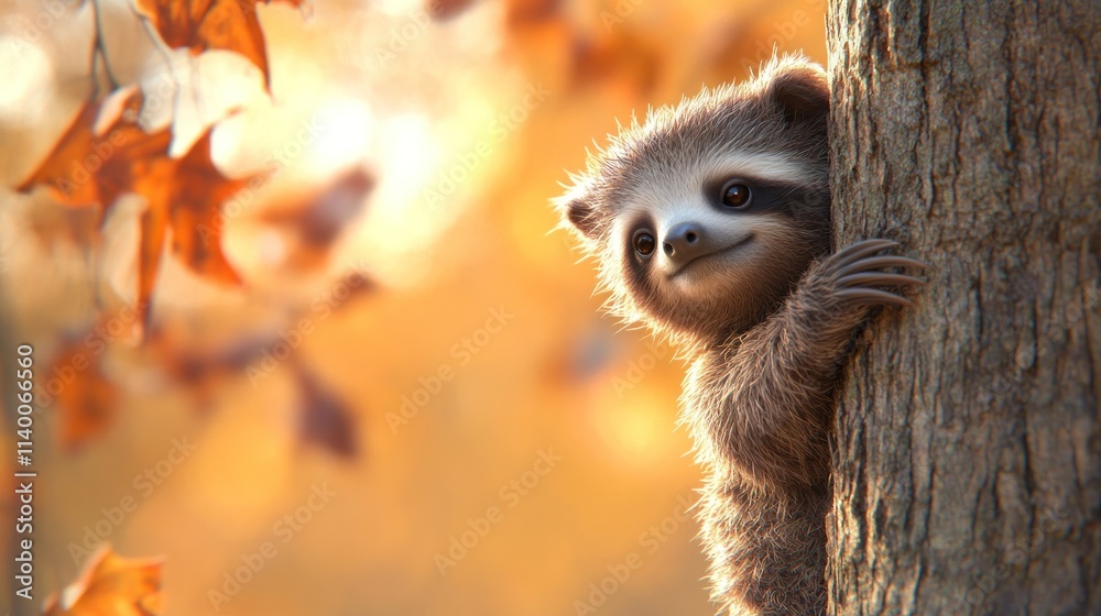 Poster a cute sloth peeks from behind a tree in a vibrant autumn setting.