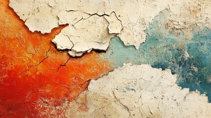 Obraz premium Crumbling plaster wall texture with vibrant colors showcasing cracks and peeling paint for artistic or renovation backgrounds