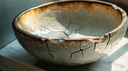 Cracked ceramic sink bowl with rustic texture and natural light highlighting imperfections and aged craftsmanship