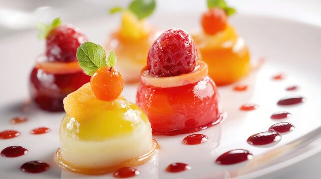 Elegant fruit jelly desserts garnished with fresh berries and mint served on a white plate, perfect for catering and culinary presentations.