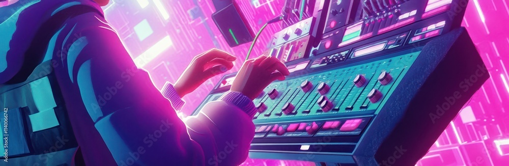 Aufkleber A vibrant digital scene featuring a person manipulating a synthesizer in a neon environment.
