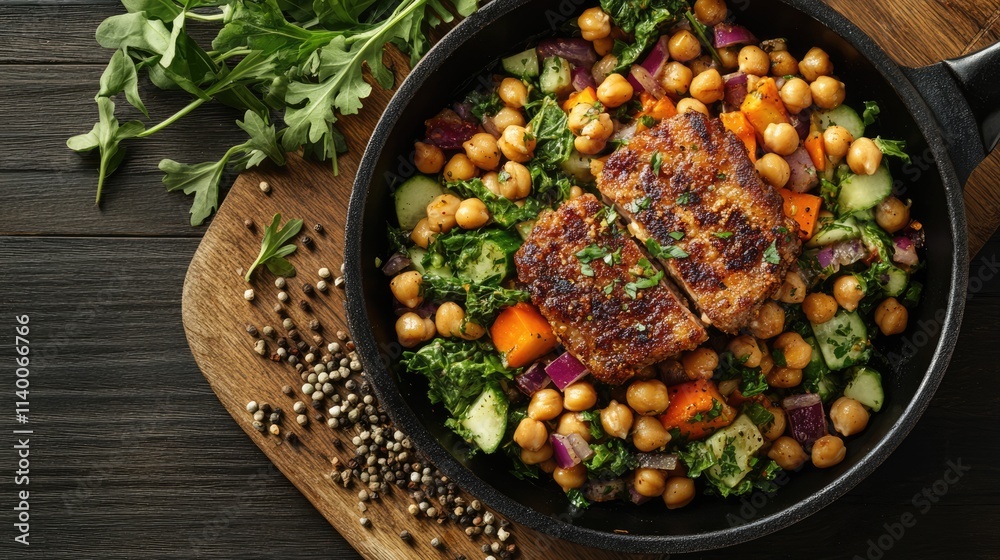 Aufkleber Frying pan with flavorful fried meat accompanied by a vibrant salad of chickpeas and vegetables on a rustic wooden table setting