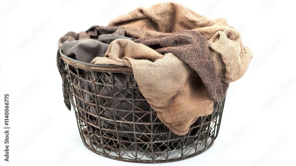 Aufkleber worn laundry basket filled with assorted fabrics showcasing a rustic aesthetic on a clean white back