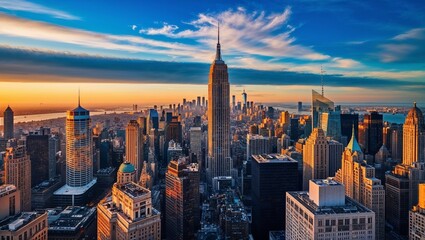 Obraz premium bustling city skyline at sunset. The layout is horizontal, capturing a wide view of numerous skyscrapers and buildings. The architecture is diverse, featuring a mix of modern and classic high-rise str