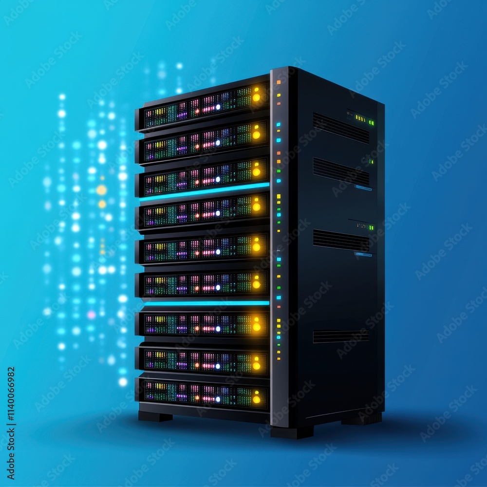 Aufkleber modern data server rack with colorful led lights on a bright blue background
