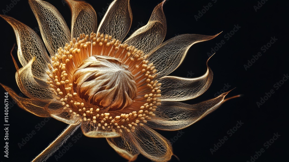 Aufkleber Dried flower of Dipsacus fullonum showcasing intricate texture and unique structure on a dark background