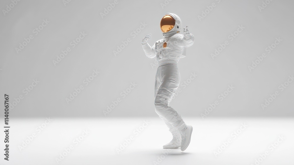 Poster A futuristic astronaut figure in a white suit with a reflective helmet, posed in space.