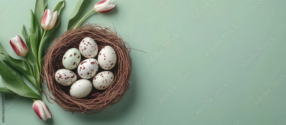 Poster decorative easter eggs in a nest with tulips on a light green background ideal for spring holiday ce
