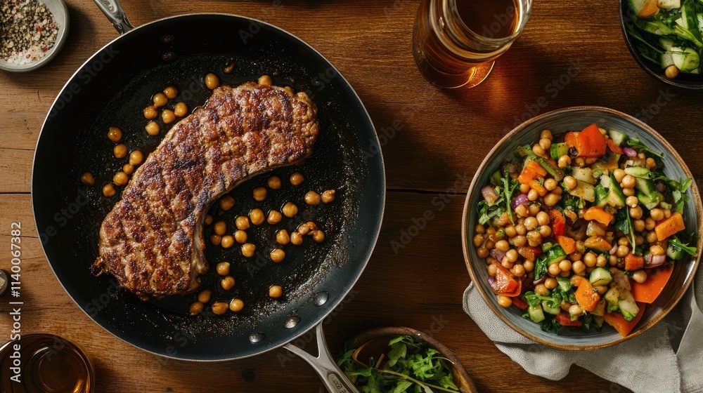 Poster frying pan with succulent fried meat and a vibrant chickpea vegetable salad arranged on a rustic woo