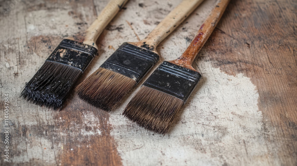 Poster used paint brushes with varying bristle conditions on rustic wooden surface showcasing creativity an