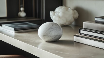 Fototapeta premium Marble sphere, books, surface, minimalist decor.
