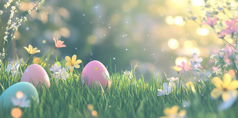 Colorful Easter eggs nestled in green grass with blooming white daisies, bathed in soft sunlight. A beautiful springtime scene symbolizing Easter and nature's renewal