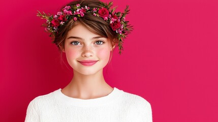 Fototapeta premium Pretty Girl with Flower Crown Pink Background Portrait