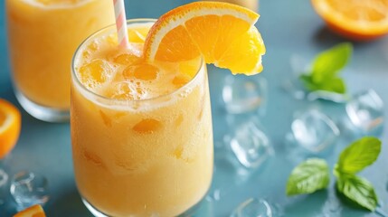 Refreshing creamy orange iced coffee with ice and fresh orange garnish on a blue background perfect for summer beverage promotions