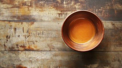 Creamy pumpkin soup in rustic bowl on textured wooden table top with warm earthy tones