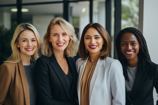 Four diverse businesswomen are smiling in a modern office setting, showcasing teamwork and female leadership