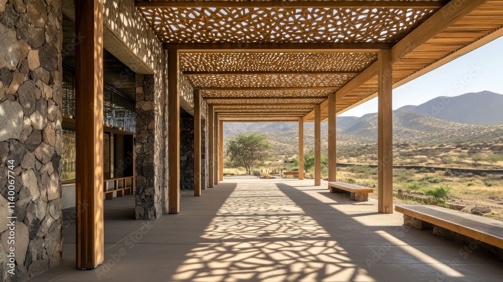 Leinwandbilder A spacious architectural structure with intricate wooden patterns and scenic mountain views.