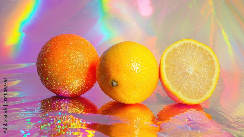 Poster colorful disco-themed composition of vibrant lemon and orange fruits with a glossy reflective surfac