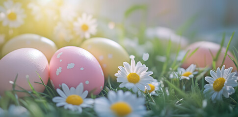 Colorful Easter eggs nestled in green grass with blooming white daisies, bathed in soft sunlight. A beautiful springtime scene symbolizing Easter and nature's renewal