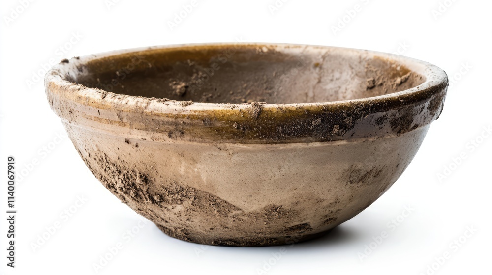 Poster worn and stained clay bowl showcasing dirt and grime on a clean white background for rustic or vinta
