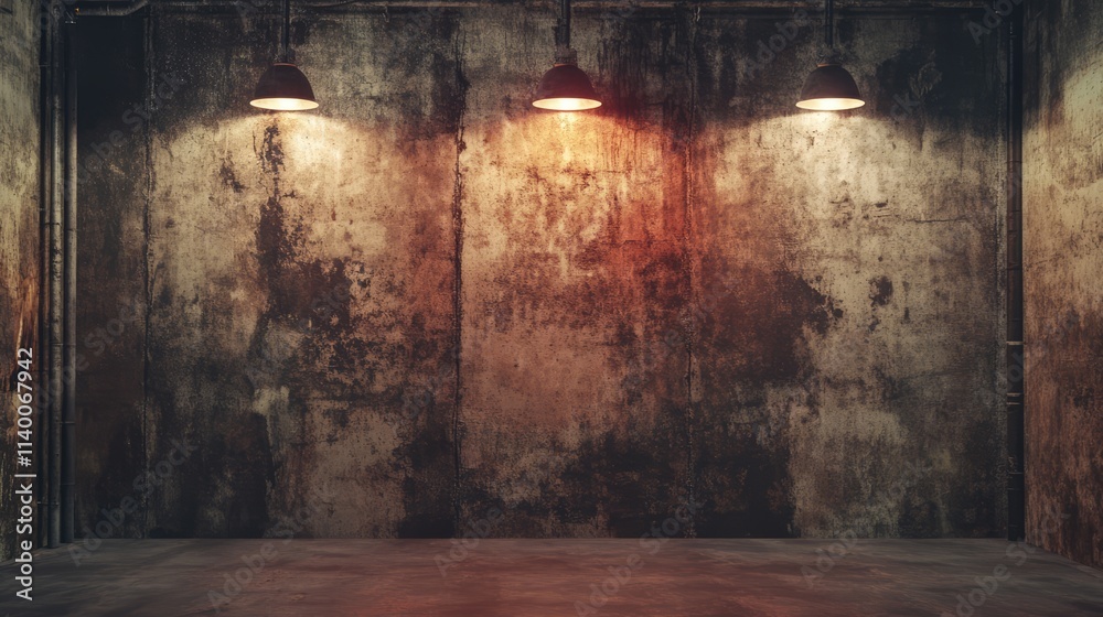 Poster grunge concrete wall texture with industrial lighting creating a moody atmosphere for backdrop or de