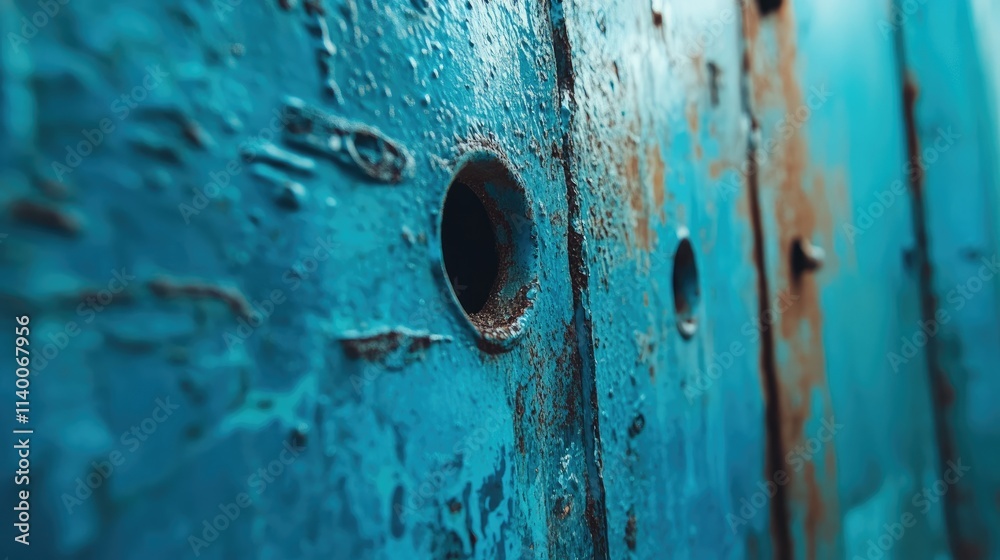 Poster rustic blue metal wall with texture and holes close up showcasing unique weathering patterns and str