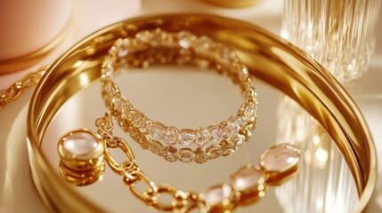 Elegant Jewelry Display on Mirrored Tray in Soft Light