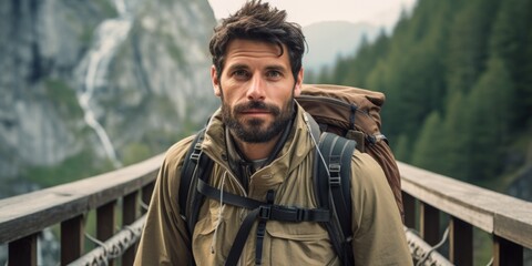 Obraz premium A male tourist stands on a mountain bridge in the Alps. Generative AI.