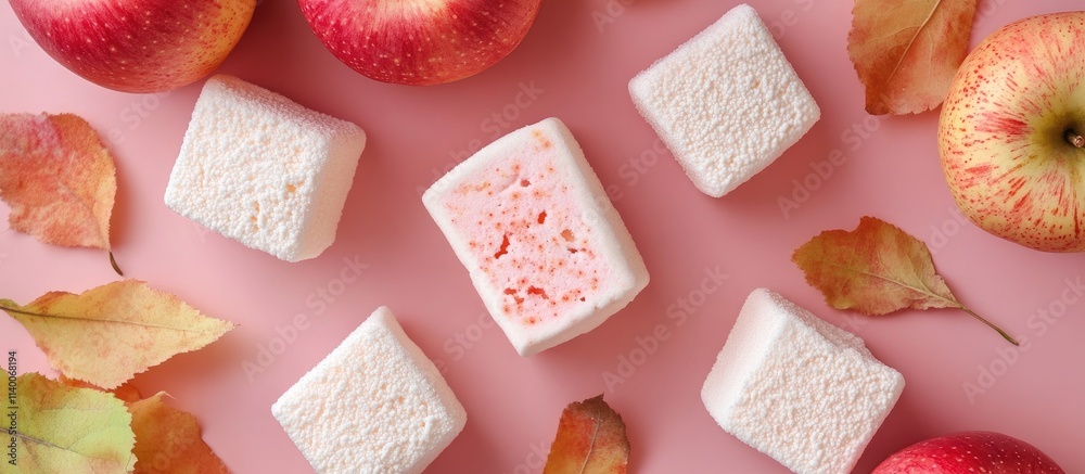 Poster handmade apple marshmallows arranged on a pink surface with fresh apples and autumn leaves creating 