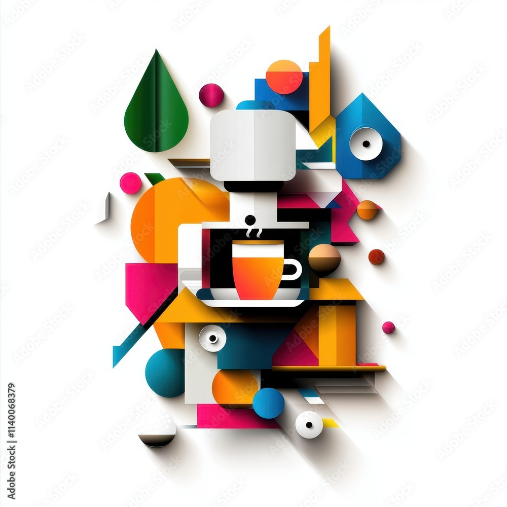 Poster vibrant abstract coffee machine with geometric shapes and colors in modern design