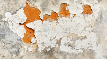textured cracked white concrete wall with orange patches peeling paint and weathered surface suitable for backgrounds or artistic designs