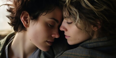 Young lesbian couple touches foreheads to each other closeup. Generative AI.