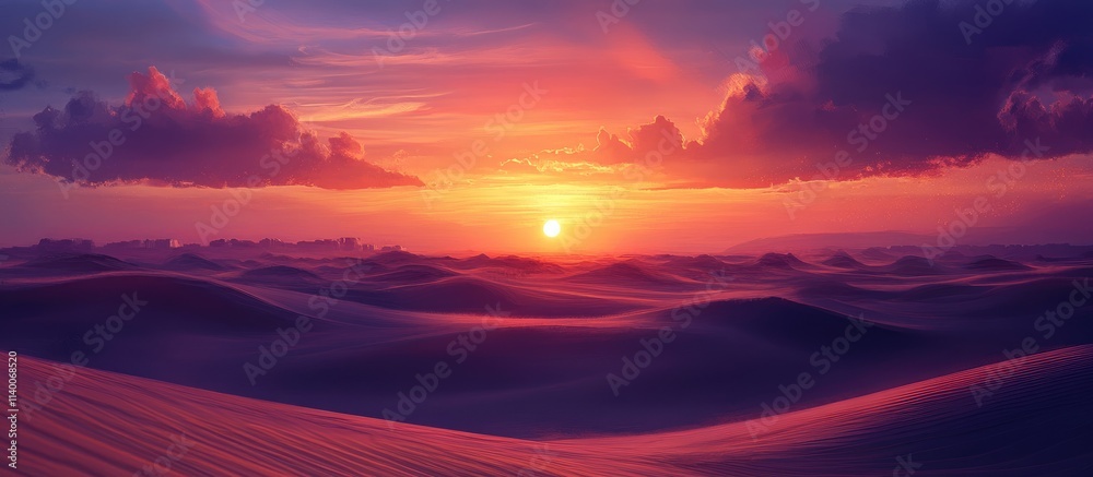 Poster vibrant desert sunset illuminating rolling sand dunes with dramatic clouds and rich colors in the sk