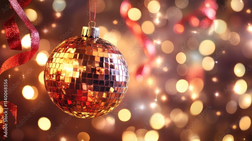 Poster Shimmering disco ball adorned with festive ribbons against a vibrant bokeh background creating a joyful celebration atmosphere
