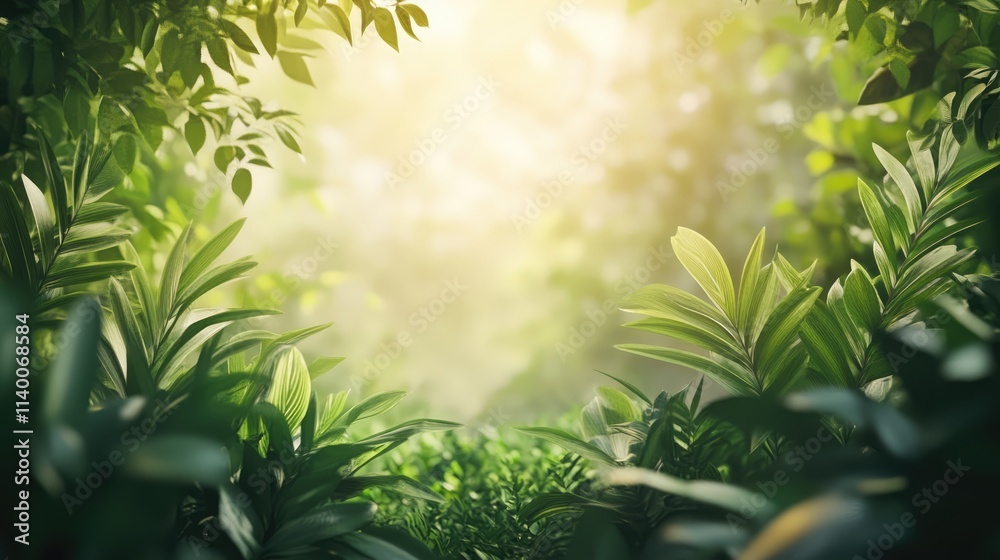 Poster serene nature backdrop with vibrant greenery creating a peaceful setting ideal for showcasing poster