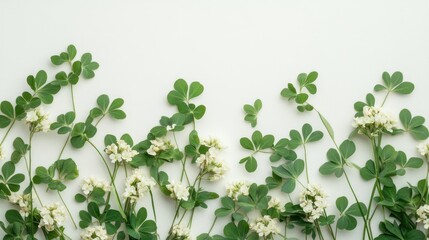 Clover trefoil flowers and leaves arranged in a decorative layout on a soft background showcasing their medicinal properties and natural beauty