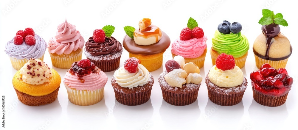 Poster assorted colorful cupcakes elegantly arranged on a bright background showcasing a delightful variety