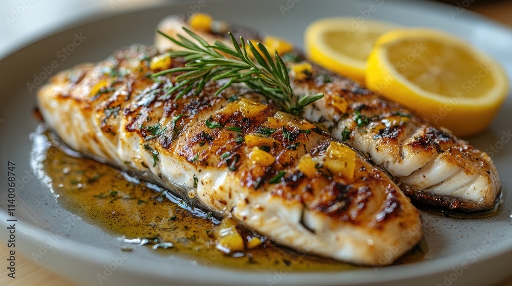 Aufkleber grilled fish fillets garnished with herbs and lemon slices on a plate showcasing fresh culinary pres