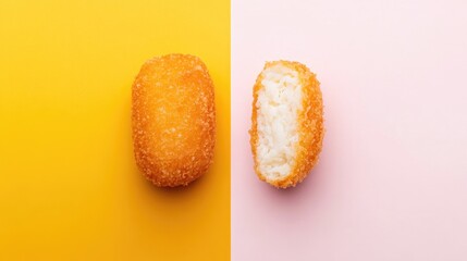 Cream croquette split in half on vibrant yellow and pink backgrounds with empty space for food-related text and images.