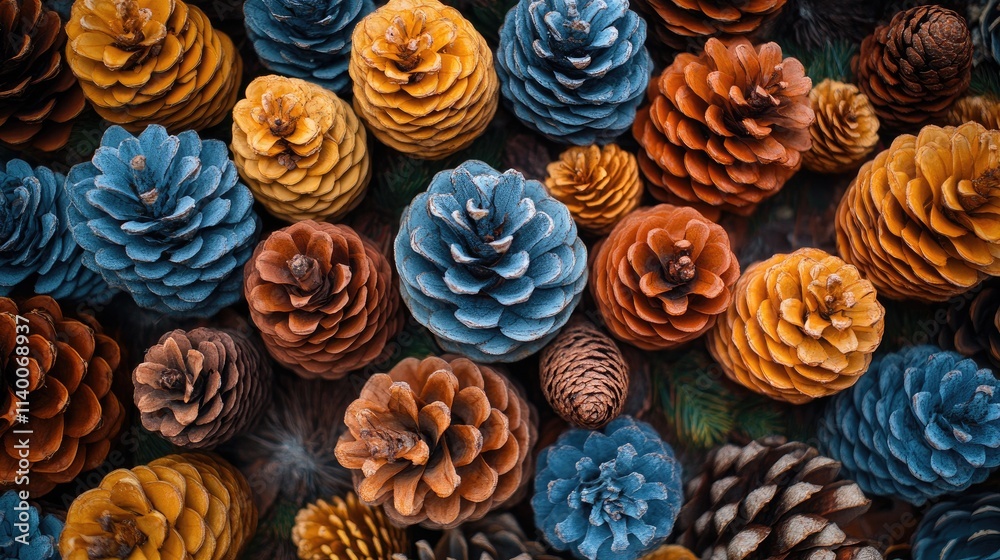 Aufkleber Colorful assortment of pine cones in various hues and textures creating a visually striking natural background.