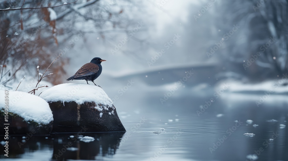 Poster winter scene featuring a dipper bird perched on a snowy rock by a serene river surrounded by a misty