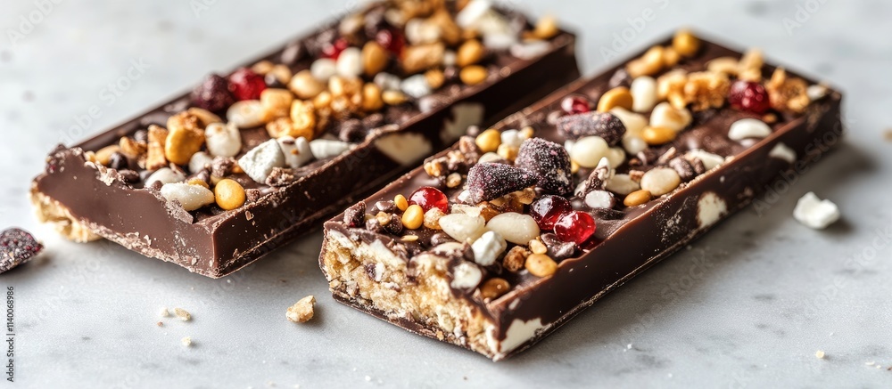 Poster decadent chocolate candy bar topped with nuts and crispy treats on a light background